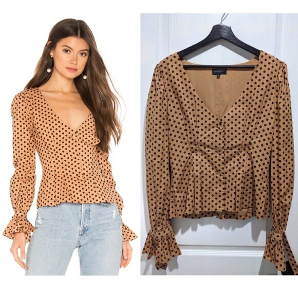 Majorelle | Claire Peplum Top in Tan & Black Dot - Picture 1 of 10